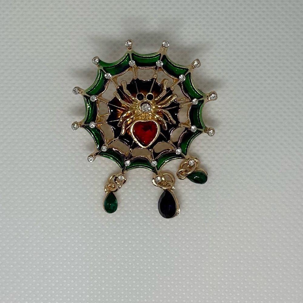 Gothic Halloween Spiderweb Brooch | Enameled Green Red Crystal Spider Dangles